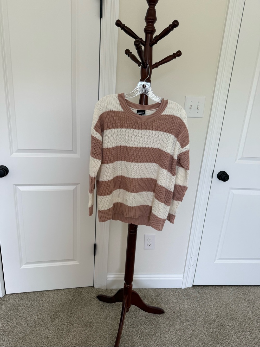 torrid Cream and Dusty Rose Striped Crewneck Sweater